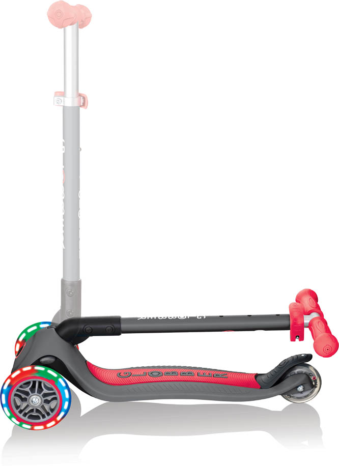 Globber Mini Scooter | Primo Foldable Lights | Anodized T-Bar | Grau-rot
