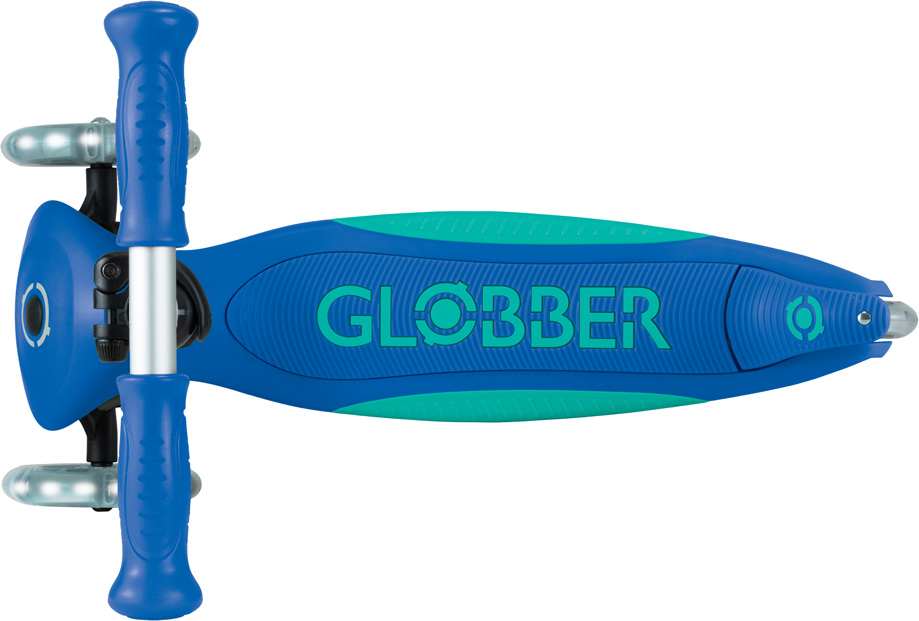 Globber Mini Scooter | Primo Foldable Plus Lights | Navy Blue - Emerald Green