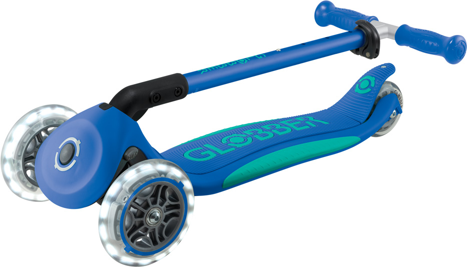 Globber Mini Scooter | Primo Foldable Plus Lights | Navy Blue - Emerald Green