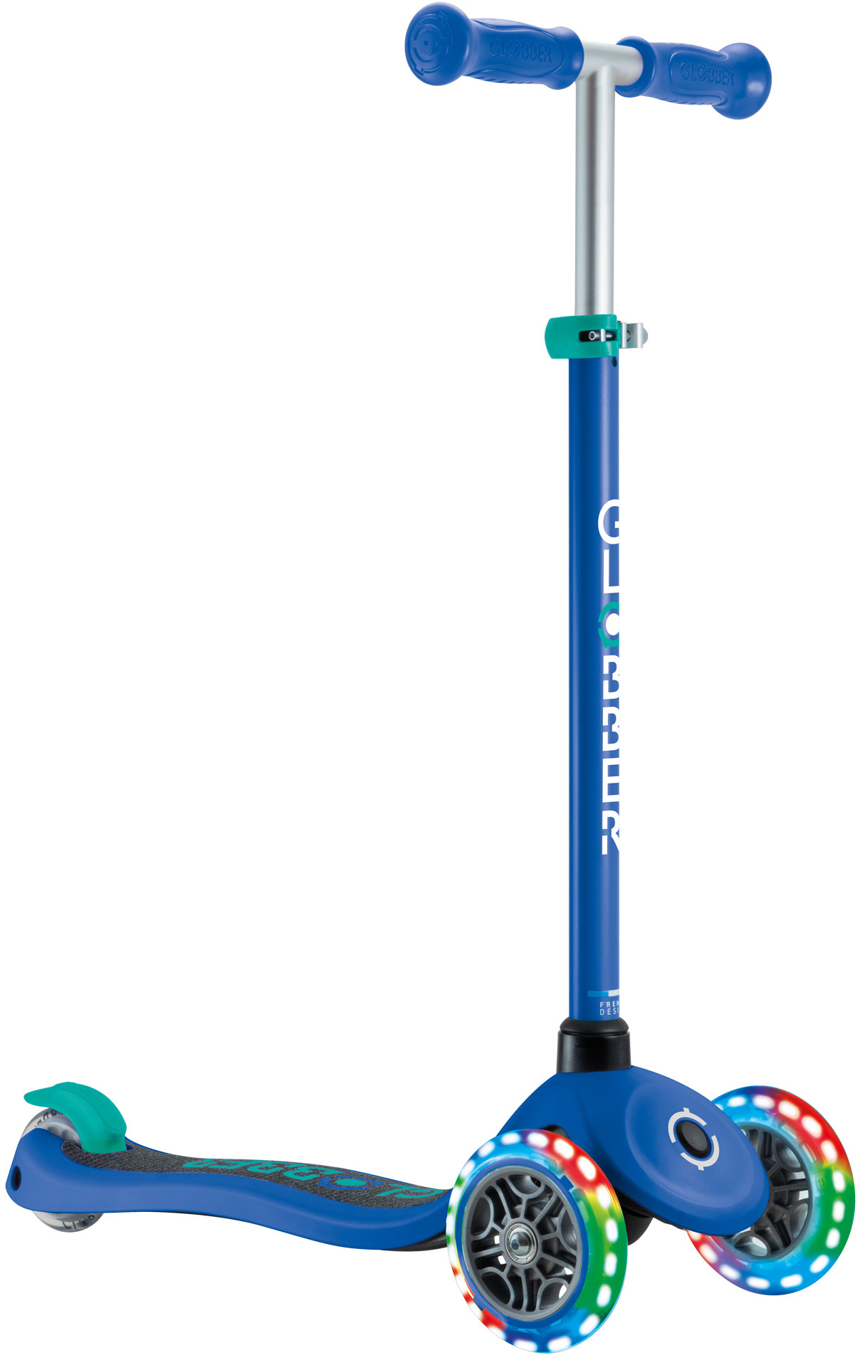 Globber Mini Scooter | Primo Lights | Navy Blue - Emerald Green