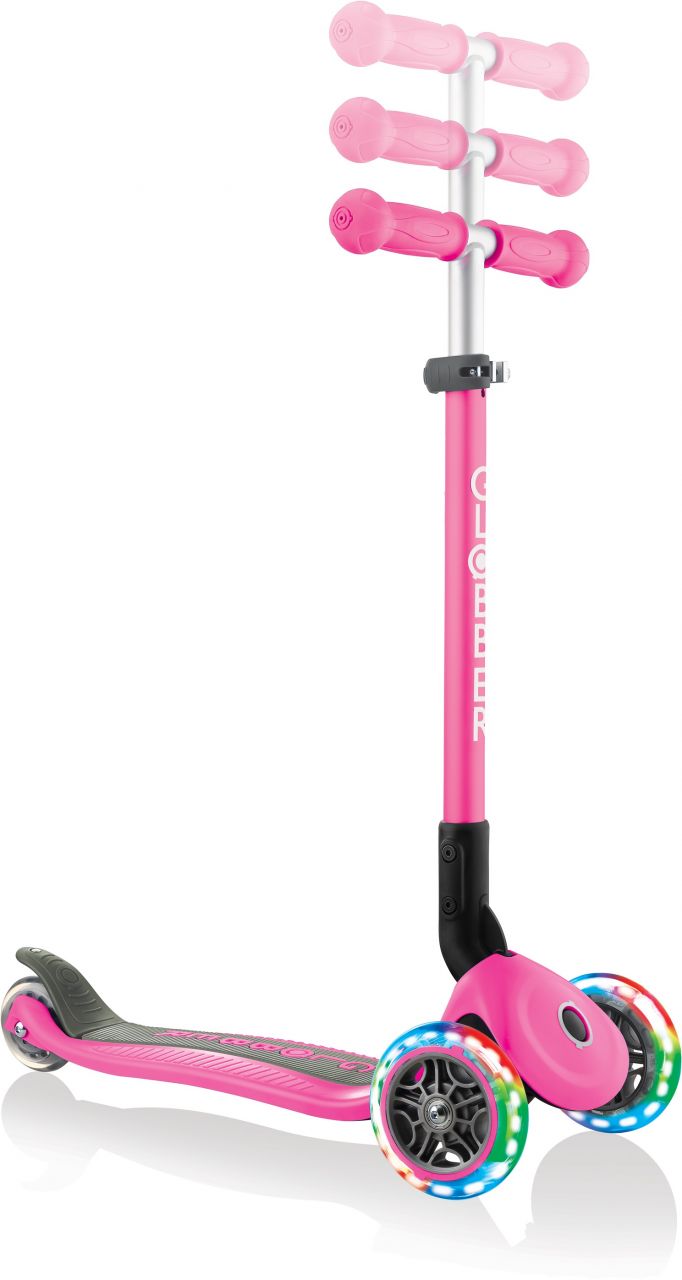 Globber Mini Scooter | Primo Foldable Lights | Anodized T-Bar | Pink