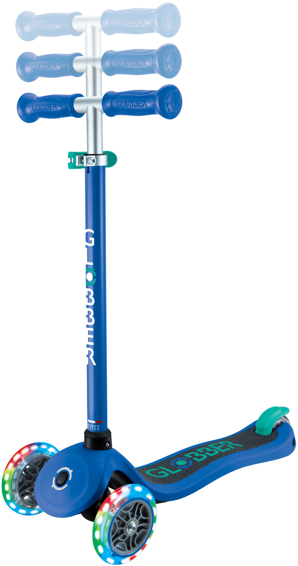 Globber Mini Scooter | Primo Lights | Navy Blue - Emerald Green