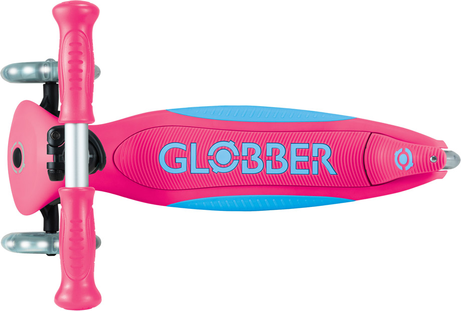 Globber Mini Scooter | Primo Foldable Plus Lights | Fuchsia - Sky blue